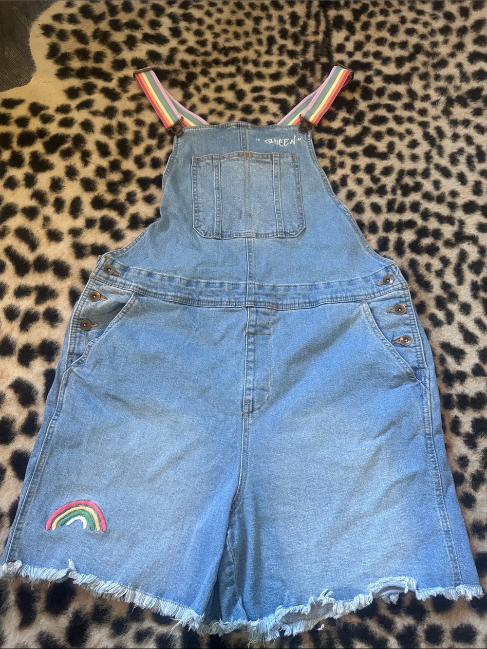 Denim Short Overalls with Rainbow Patch - and suspenders Woman’s Blue